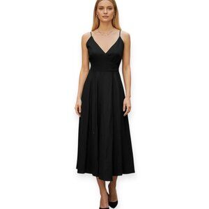 ZARA Black Linen Blend Midi Dress Women’s Size M Spaghetti Strap Tie Back Elegan